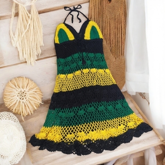 Crochet Boho Halter Style Lined Midi Dress Green Black Yellow XS/S - Picture 11 of 11